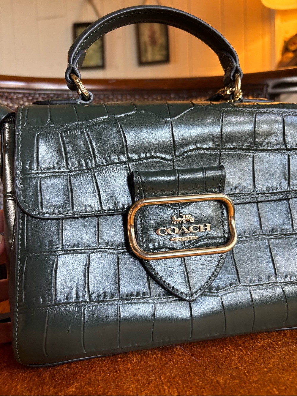 Coach Morgan Top Handle Satchel Croc Embossed Leather Green Crossbody Bag - Picture 3 of 16